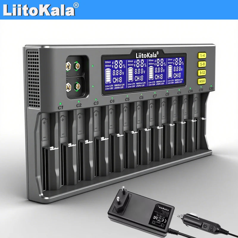 Universal 14-Slot Smart Battery Charger for Li-ion, Ni-MH, LiFePO4, 9V Batteries