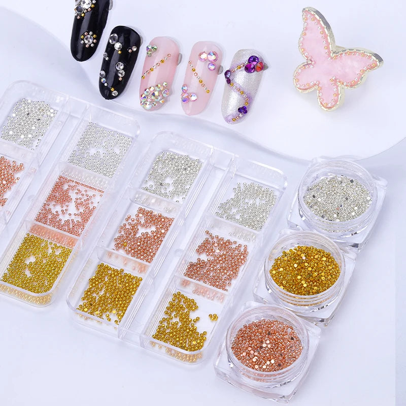 Mini Stainless Steel Caviar Beads Nail Art Decorations Silver Rose Gold Micro Ball Charms