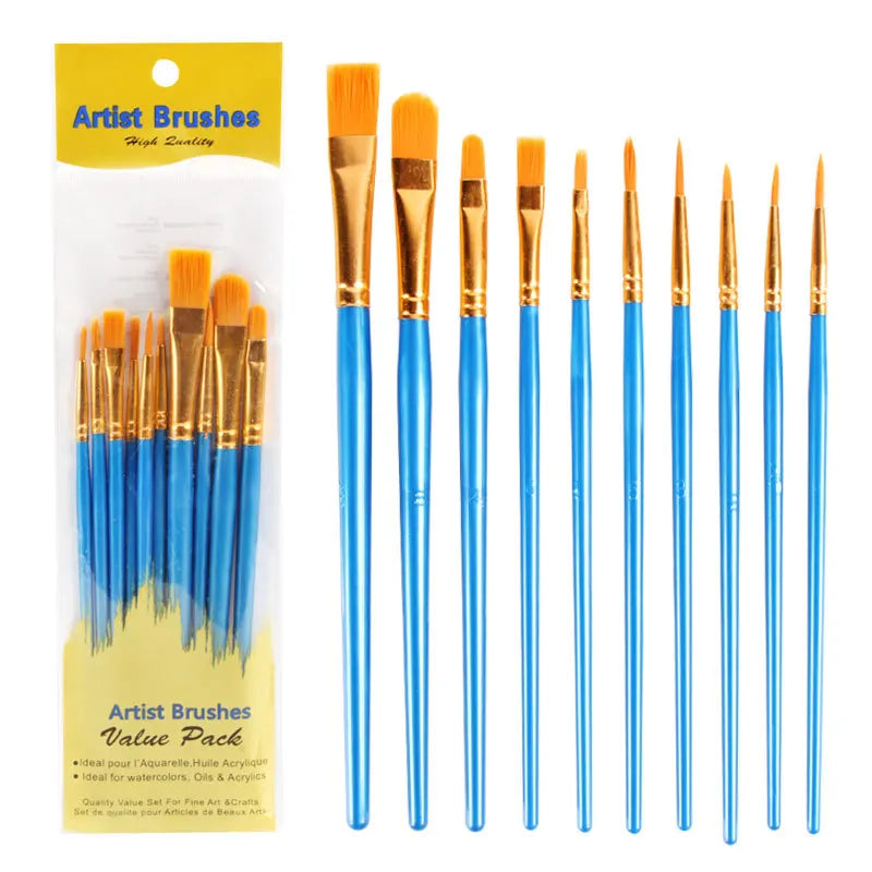 10Pcs Multi-Function Paintbrush Set for Watercolor Oil Gouache Art - Nylon Hair