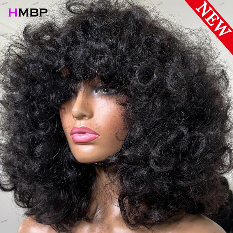 Bouncy Curly Lace Front Wig with Bangs 450 Density Human Hair 13x6 HD Glueless Pre Plucked