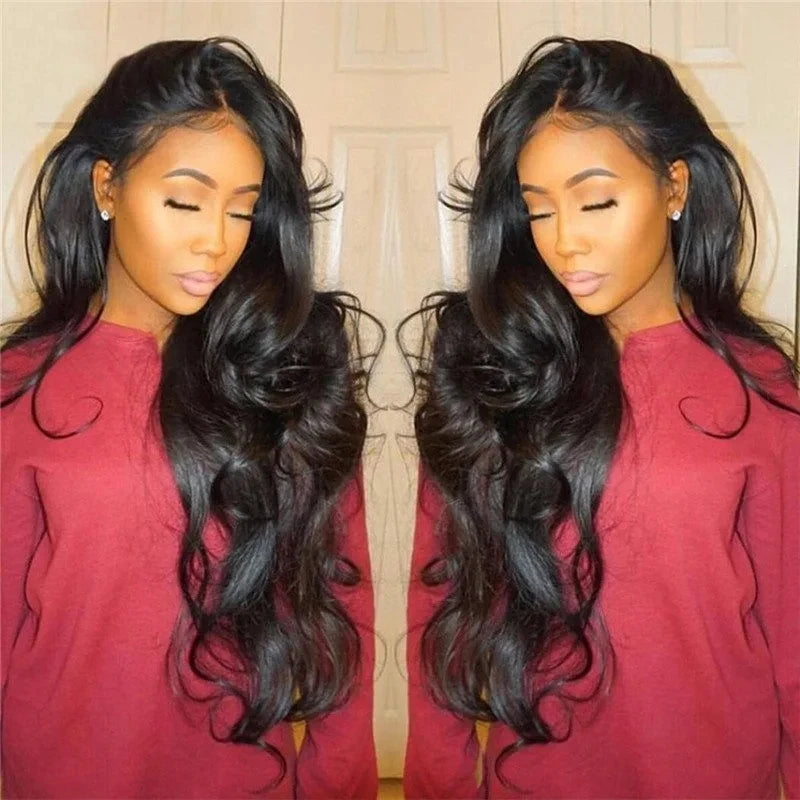 Brazilian Body Wave Human Hair Wigs with Pre-Plucked Hairline & Lace Front, Natural Black