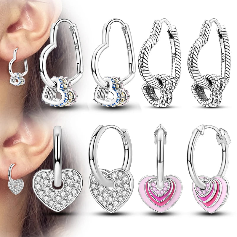 925 Sterling Silver Heart-Shaped Drop Hoop Earrings for Women Jewelry