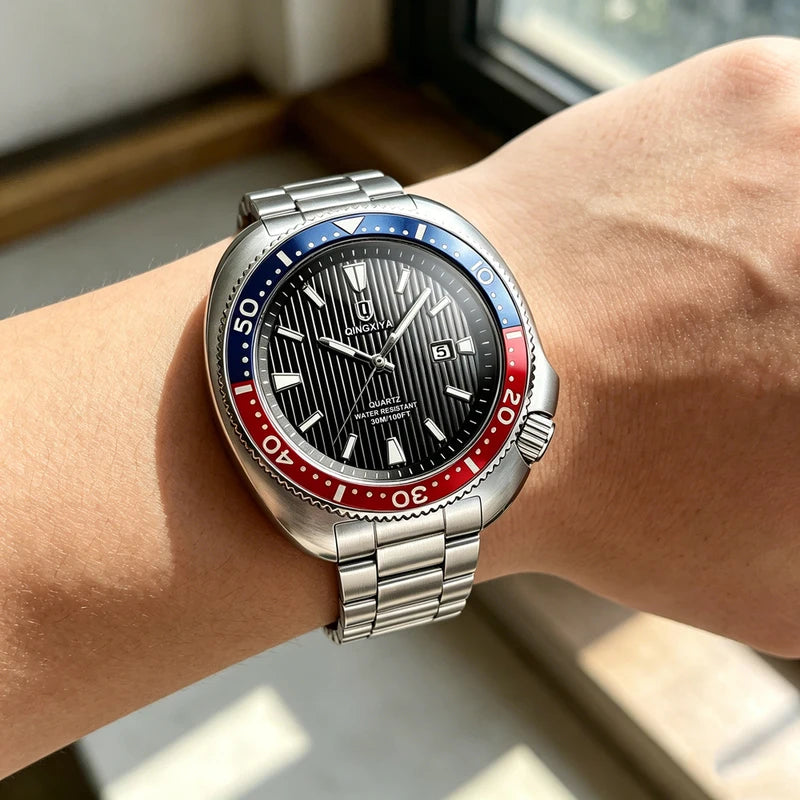 Luxury Men's Quartz Watch with Stainless Steel Band Waterproof Casual Wristwatch