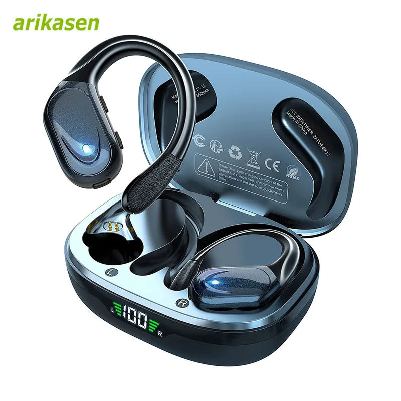 Wireless Sport Bluetooth Earbuds with Noise Cancelling Microphone 75H Playtime LED Display