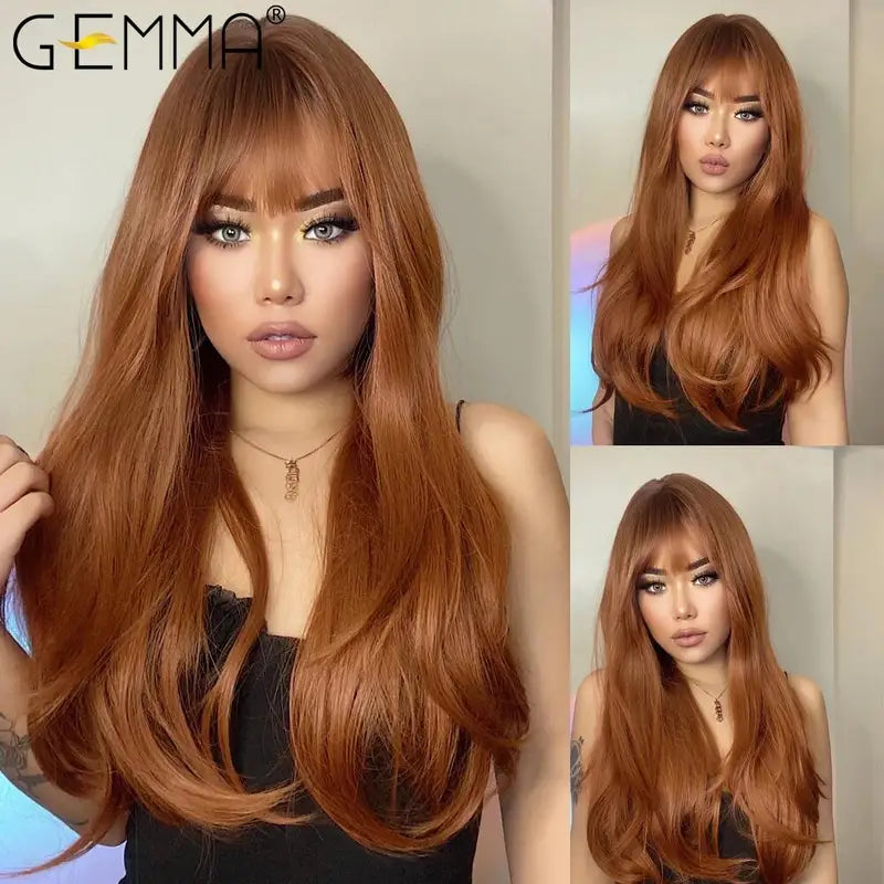 Ombre Brown Blonde Long Straight Synthetic Wig with Bangs for Women - High Temperature Fiber Cosplay Hair