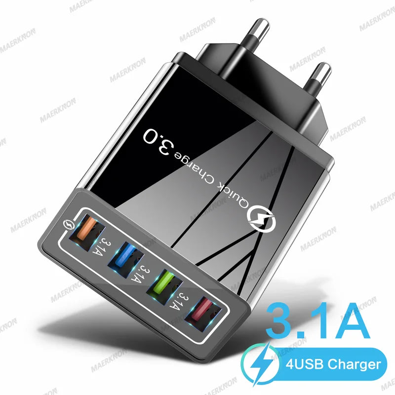 4-Port USB Charger Fast Charging Adapter with Quick Charge 3.0 EU US Plug