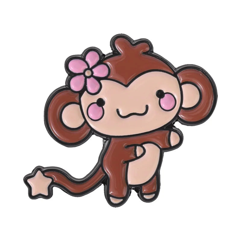 Cute Monkey Enamel Pin Cartoon Star Tail Ape Floral Animal Brooch Jewelry Gift