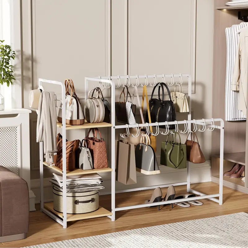 3-Tier Purse Organizer Rack with Wheels and Shelves for Closet Storage