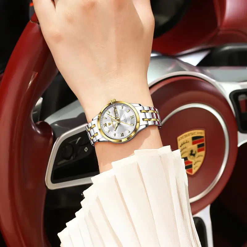 Women’s Quartz Waterproof Stainless Steel Watch with Luminous Dial and Date Function