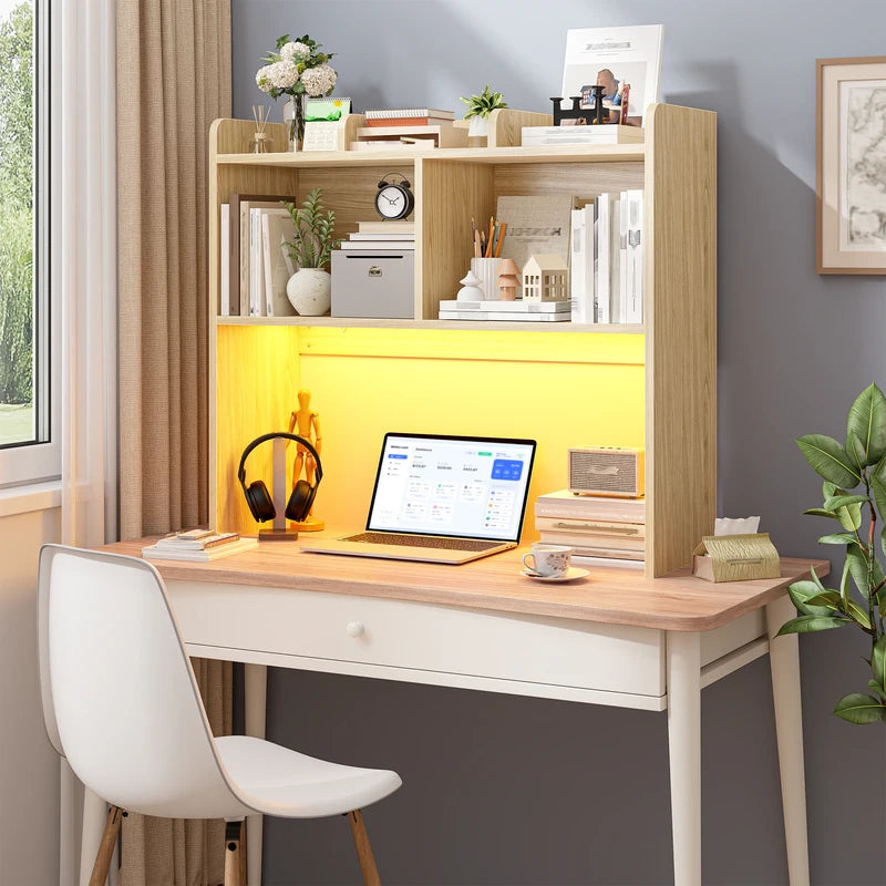 3-Tier Desk Hutch with LED Lighting and 6 Shelves - Space-Saving Office Organizer