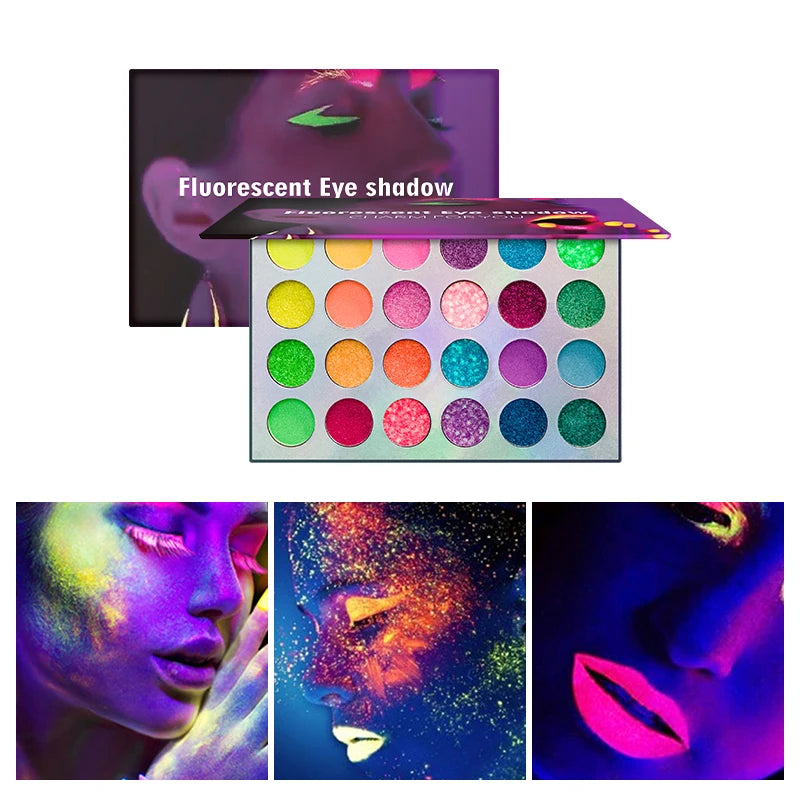 24-Color Neon Rainbow Eyeshadow Palette UV Fluorescent Matte Glitter Waterproof