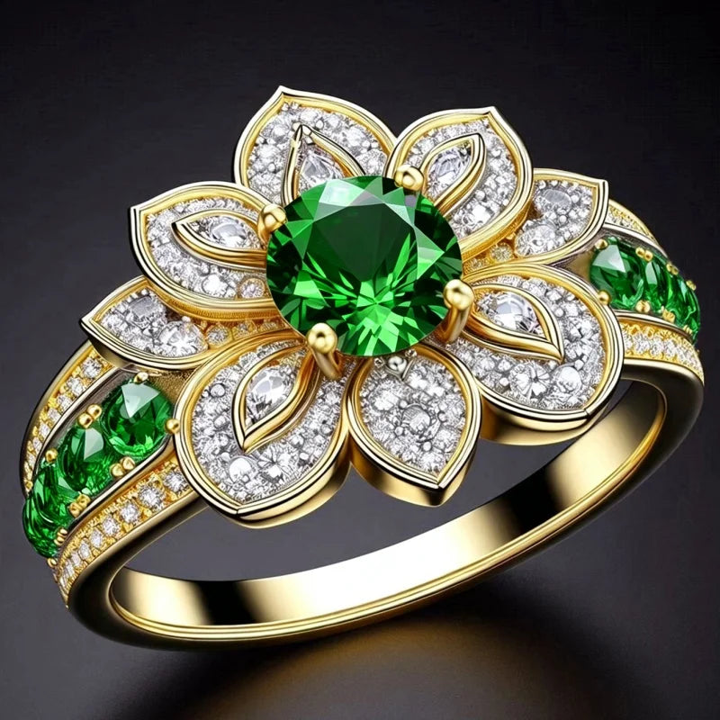 Gold Color Flower Ring with Purple Cubic Zirconia - Engagement & Party Jewelry