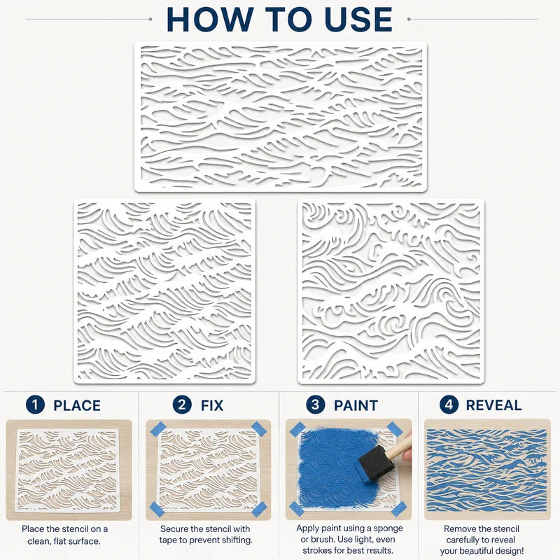 Wave Stencil Set for DIY Wall Wood Fabric Painting - Reusable Templates, 3 Pieces