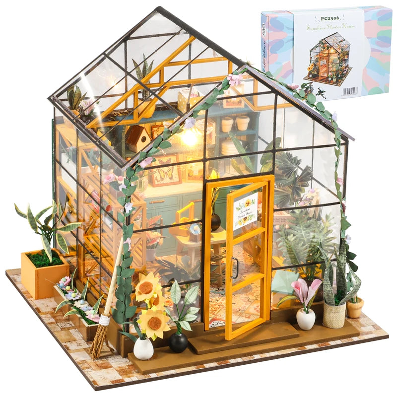 Miniature Garden House Kit with Furniture, LED Light and Wooden Greenhouse Model