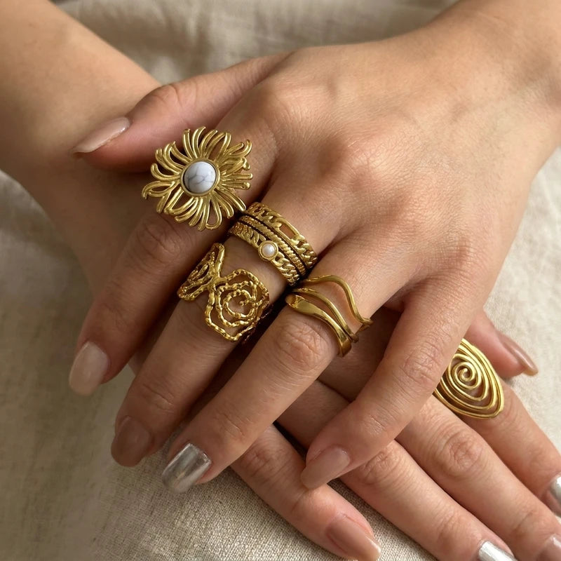 Vintage Geometric Stainless Steel Rings Set for Women Irregular Natural Stone Jewelry