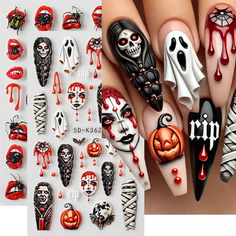 Halloween Ghost Mummy Blood Nail Stickers - 2 Pack Spooky Nail Art Decals for Manicure