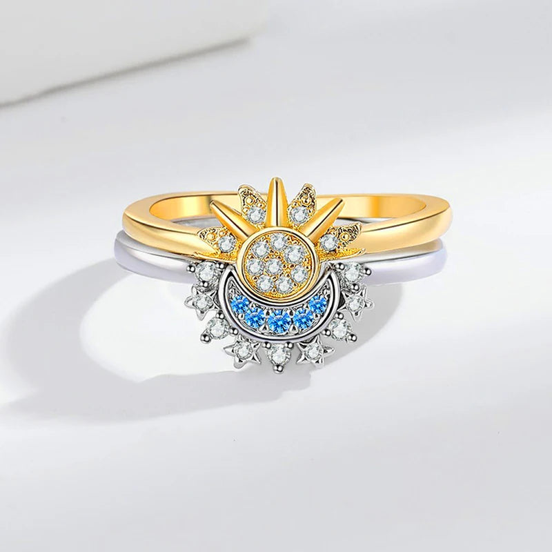Sparkling Sun and Moon Adjustable Couple Rings CZ Open Promise Jewelry Set