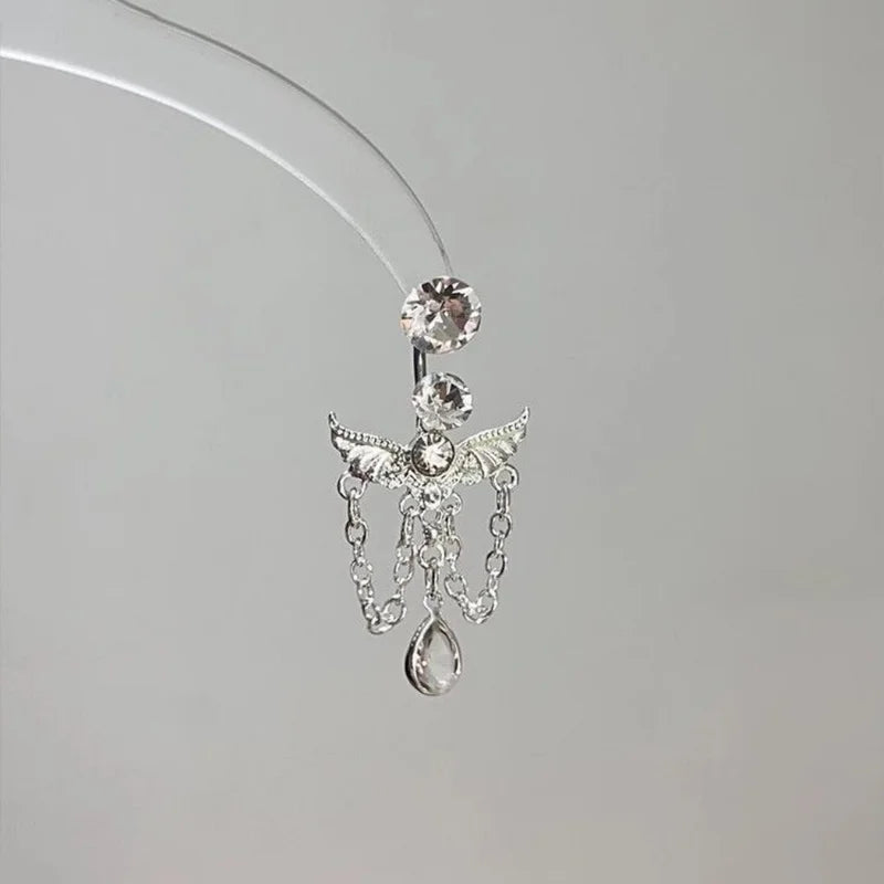 Angel Belly Button Ring with Butterfly Zircon Stainless Steel Navel Piercing for Women Body Jewelry