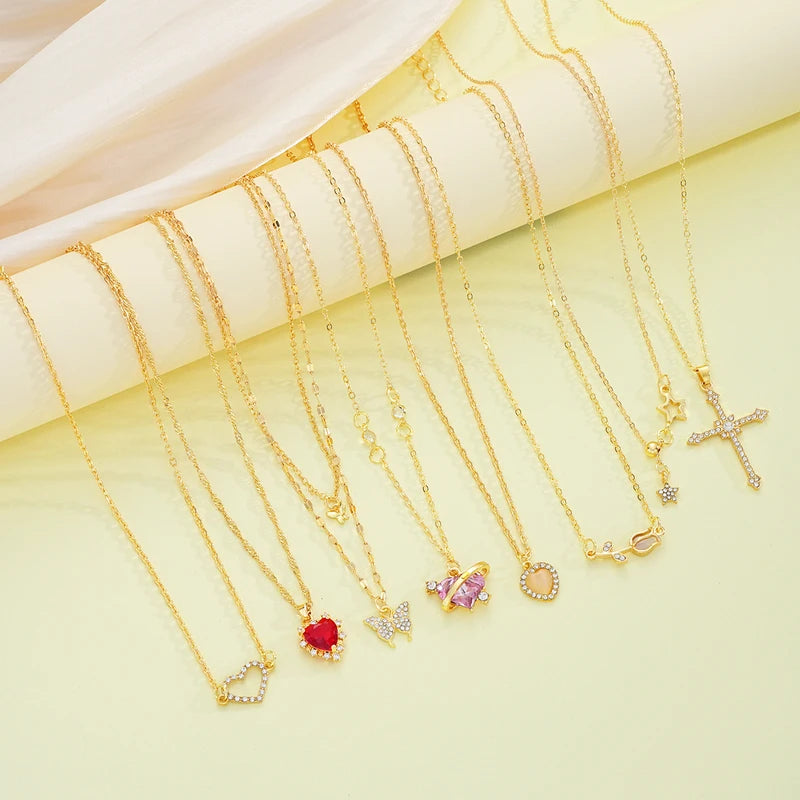 8-Piece Necklace Set for Women - Elegant Gold Tone Pendant Jewelry with Butterfly Heart Rose & Star Charms