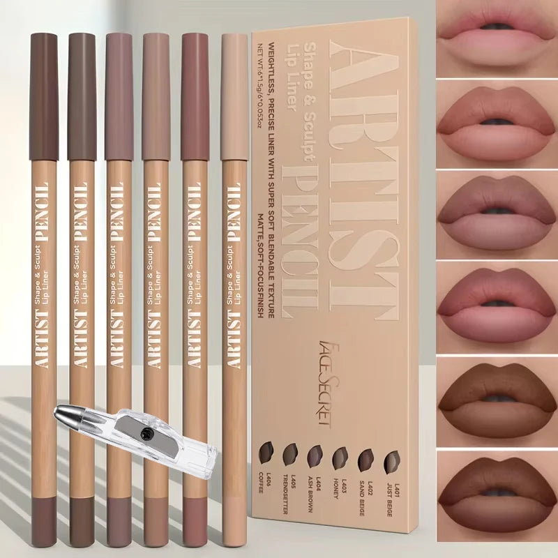 Lip Makeup Set with 6 Matte Lip Liners & Sharpener - Waterproof & Long-Lasting