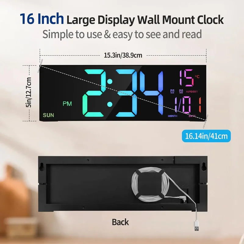 Large Digital Wall Clock with Remote Control, 8 RGB Colors, Dual Alarm