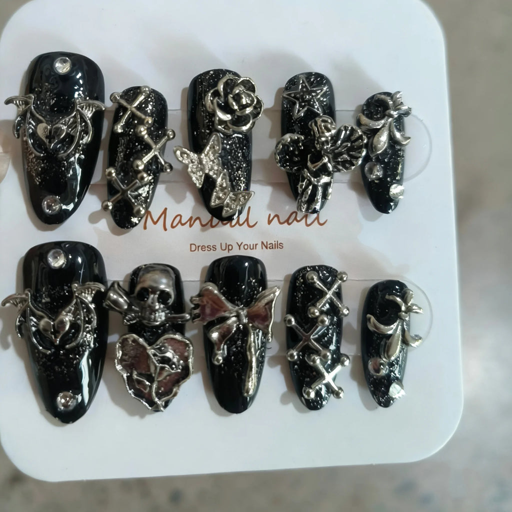10 Pieces of Fake Almond-Shaped Nail Set - Gothic Wings & Roses