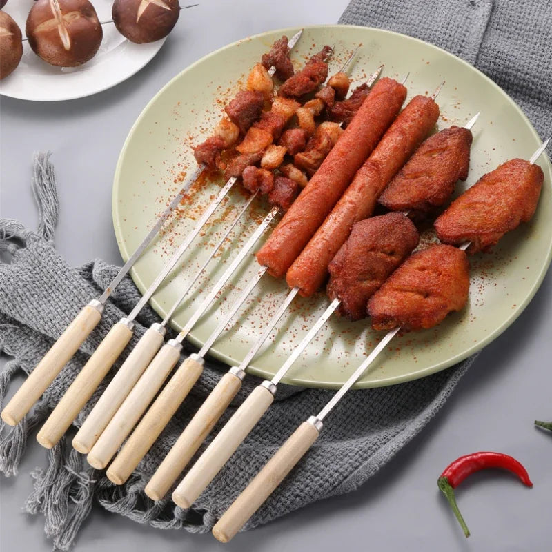 Reusable Stainless Steel BBQ Skewers with Wooden Handles - Heat-Resistant & Anti-Scalding, 5/10 Pack