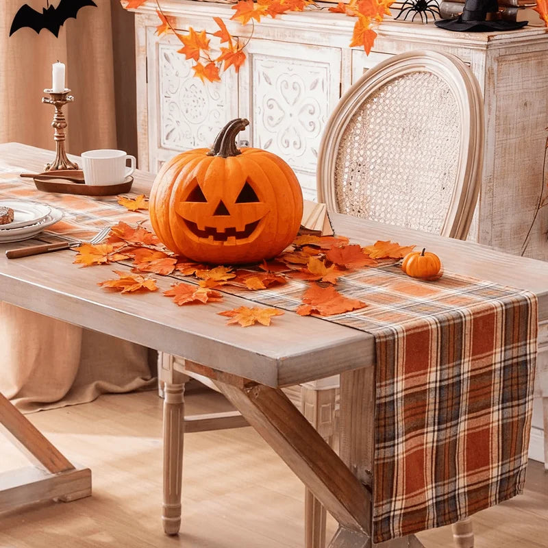 Autumn & Winter Vintage Orange-Red Plaid Table Runner for Dining & Banquet Tables