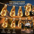 Solar Outdoor Fairy String Lights with Retro Hemp Rope - Waterproof Garden Decor
