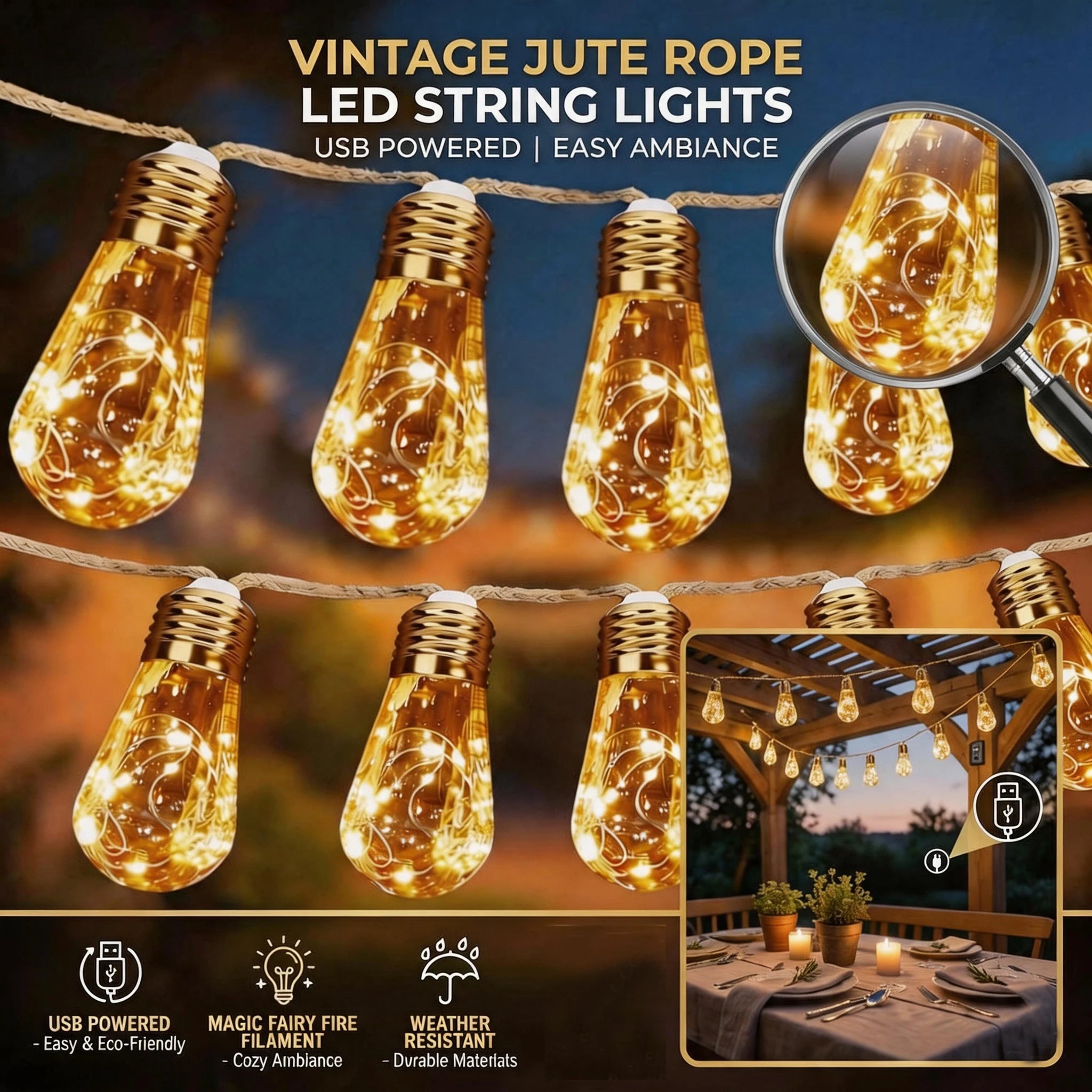 Solar Outdoor Fairy String Lights with Retro Hemp Rope - Waterproof Garden Decor