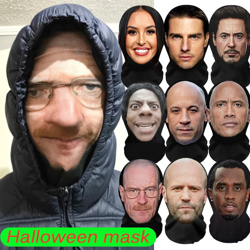 Full Face Mask for Halloween Cosplay Party with Celebrity Face Mesh - Elastic Headwear