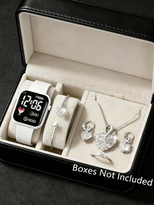 White Square Watch Set with Heart-Shaped Accessories for Valentine's Day & Birthdays