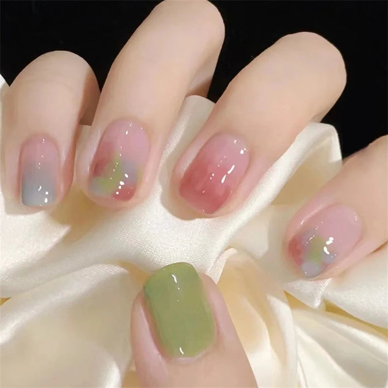 24Pcs Short Coffin Fake Nails with Glue Ink & Halo Dyeing Pattern - Press On Art Tips