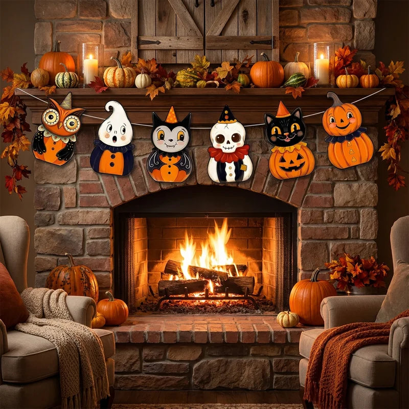 Halloween Banner Spooky Pumpkin Ghost Witch Black Cat Bunting - Holiday Home Decorations