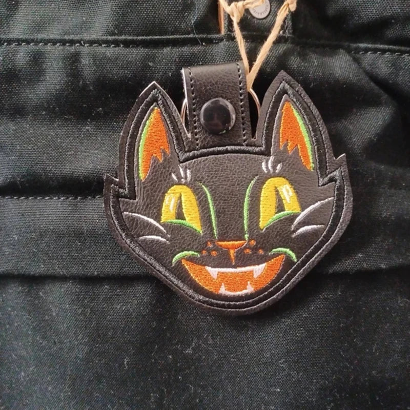 Vintage Halloween Black Cat Keychain with Embroidered Vinyl Design