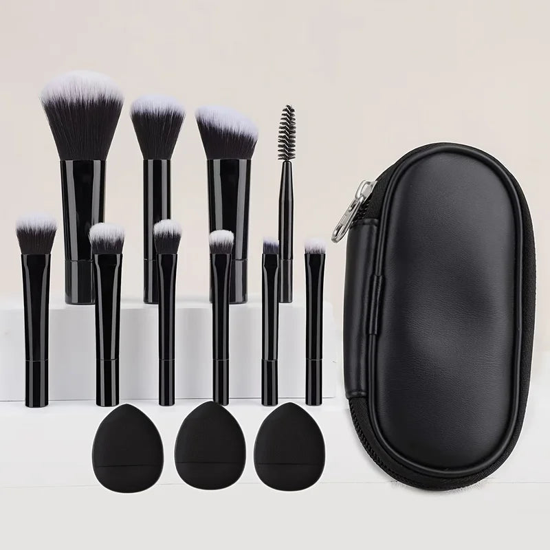 Mini Makeup Brush Set with Travel Size Puffs - Soft Bristles for Face & Eye Makeup