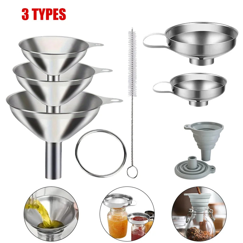 Stainless Steel Kitchen Funnels Set with Silicone & Wide Mouth Options - Food-Grade Accessory