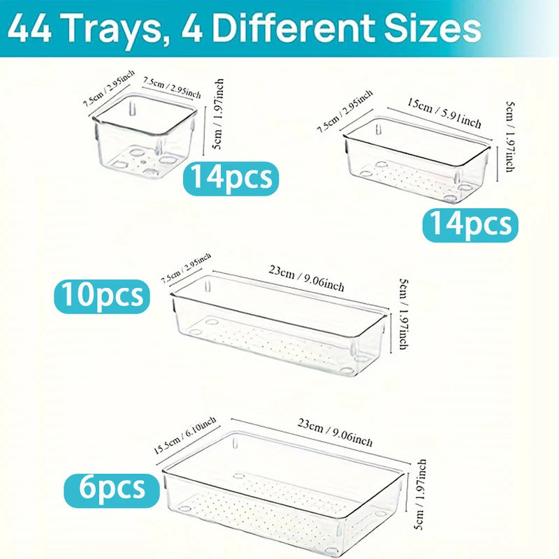 44-Piece Drawer Storage Box Set with Dividers - Transparent Plastic Organizer