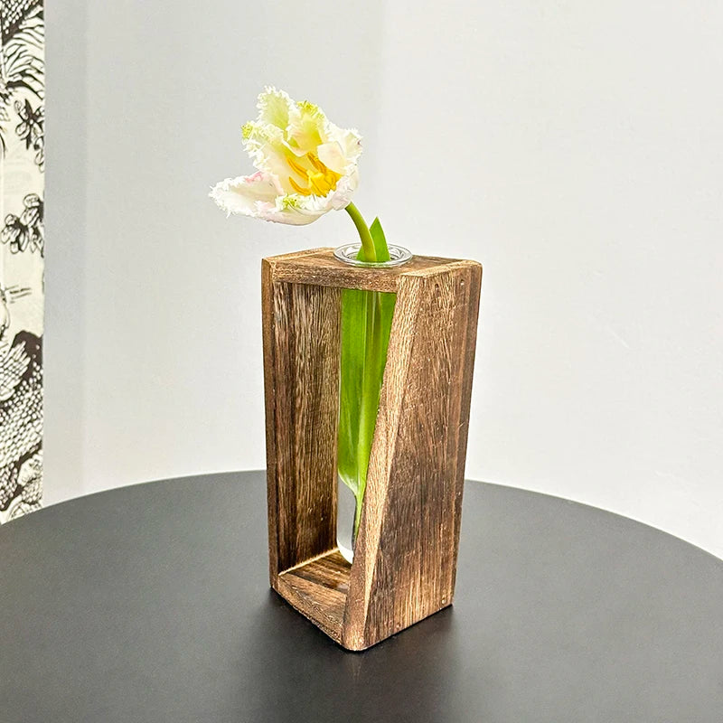 Creative Wooden Hydroponic Vase Plant Vase Retro Transparent Desktop Decor