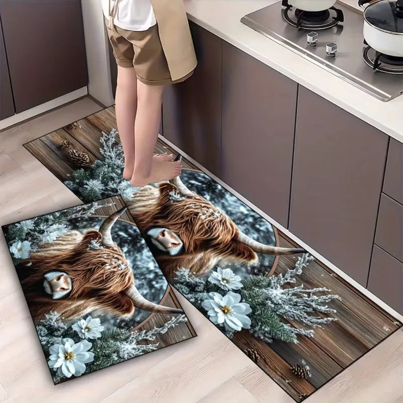 Highland Cow and Floral Pattern Non-Slip Kitchen Mat - Home Decor