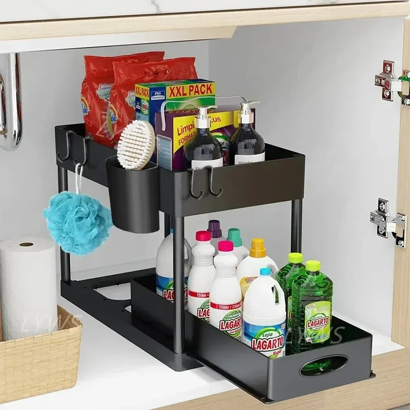 2-Tier Under Sink Organizer with Sliding Drawers & Hooks, Kitchen Bathroom Storage Rack