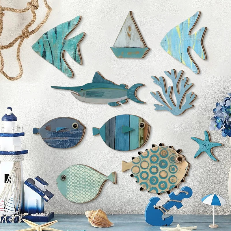 Handcrafted Wooden Ocean Wall Art Set with Fish Coral Starfish Sailboat Coastal Decor