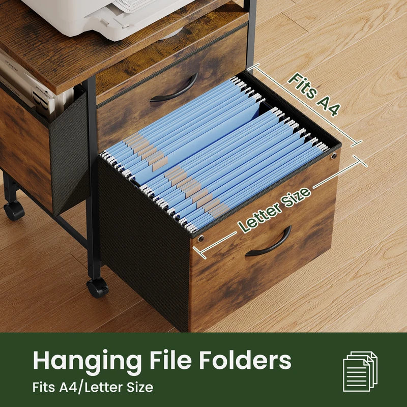 Mobile File Cabinet with 2 Fabric Drawers and Open Shelf — Rolling Printer Stand with Side Storage