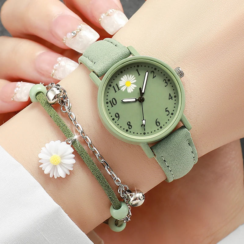 Women’s Fashion Quartz Watch and Bracelet Set with Leather Strap - Multiple Colors