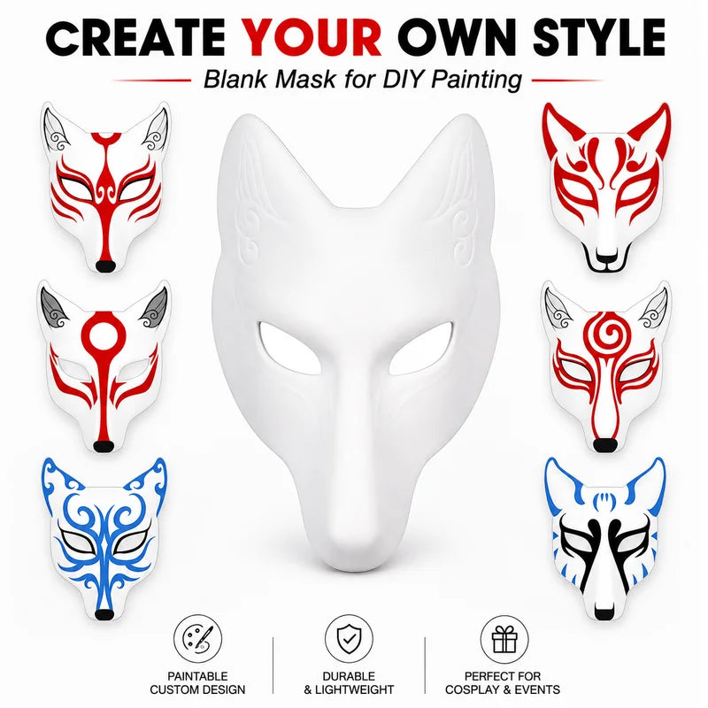 DIY Paintable Fox Mask Kit - Blank Cosplay Half Face Mask for Halloween & Parties