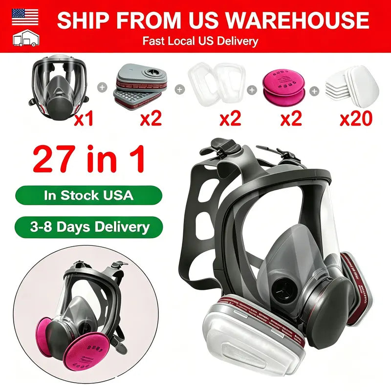 Full Face Gas Mask Respirator Large Size Reusable Chemical Dust Protective Mask