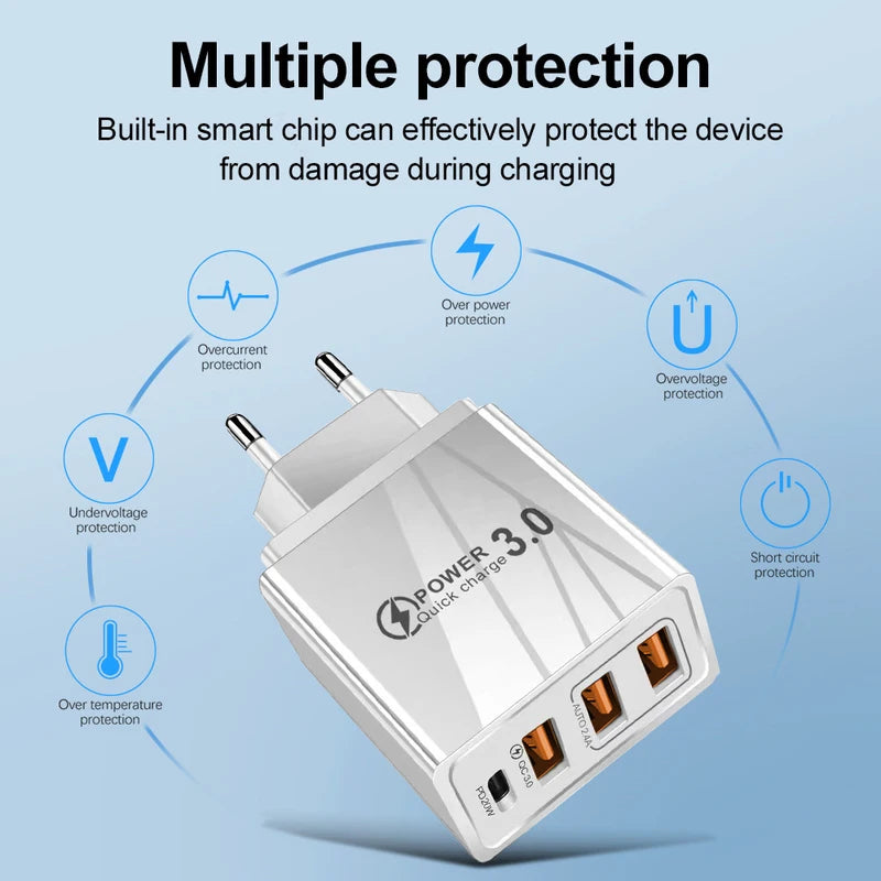48W USB-C Fast Charger with 3 Ports for Smartphone Tablets EU/US Plug