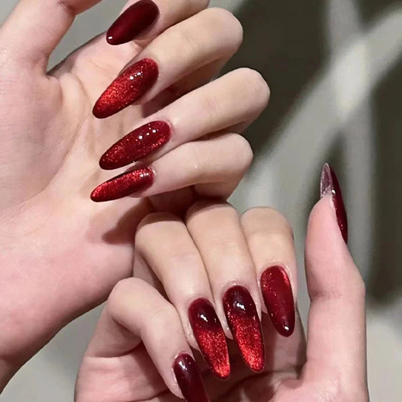 Halloween Sparkling Red Cat Eye Fake Nails - Detachable Press-On Manicure with Glue Wholesale