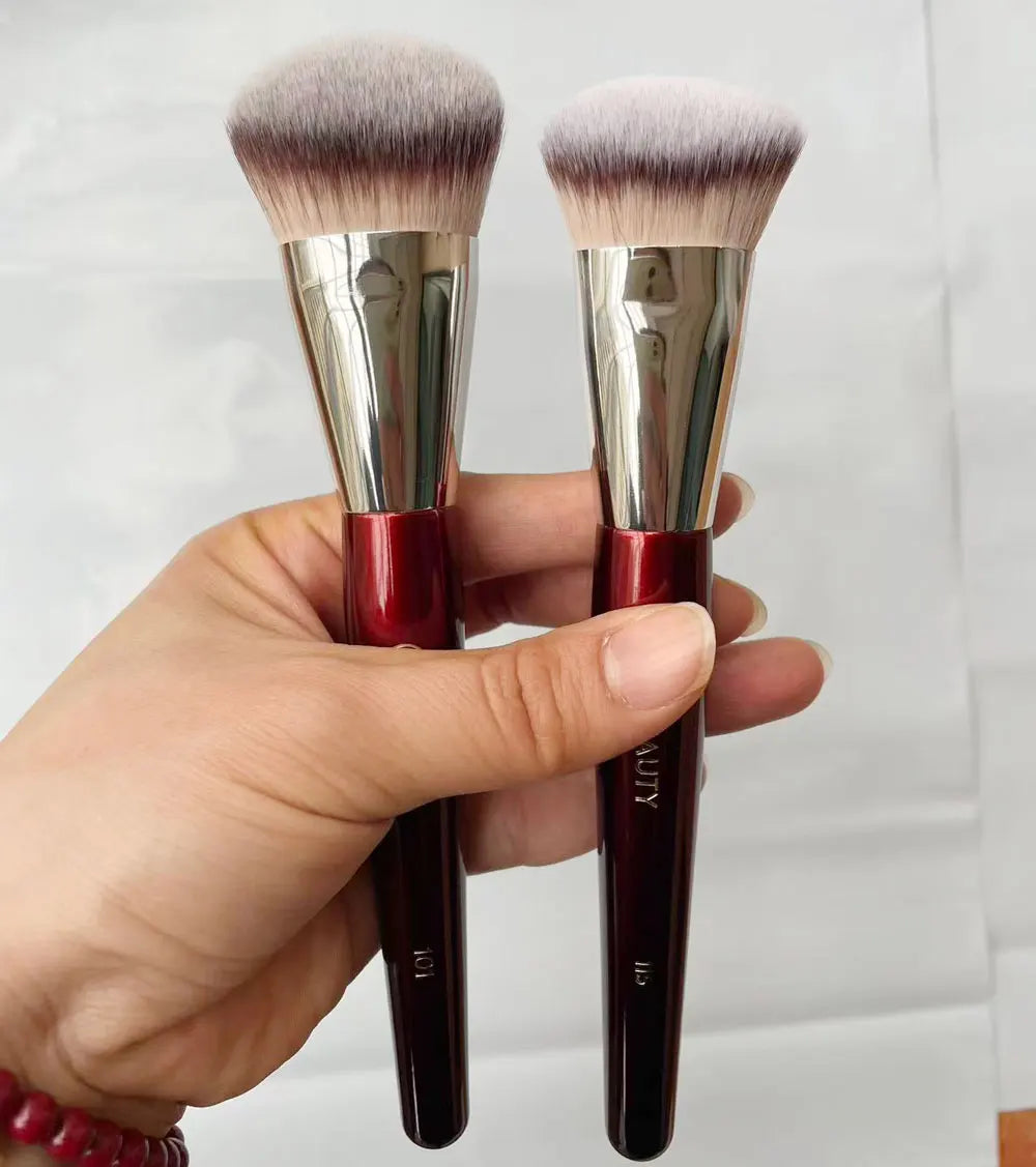 Contoured Makeup Brushes Set - Angled Foundation & Concealer Tools with Red Wood Handles