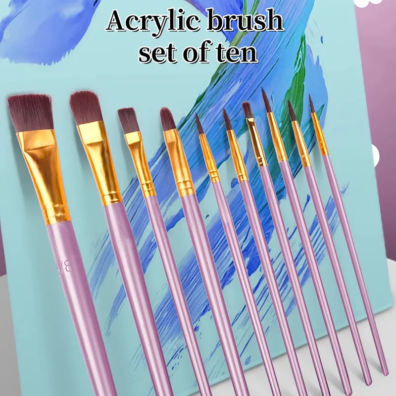 10-Piece Artist Paint Brush Set - Nylon Bristle Watercolor, Acrylic & Oil Brushes